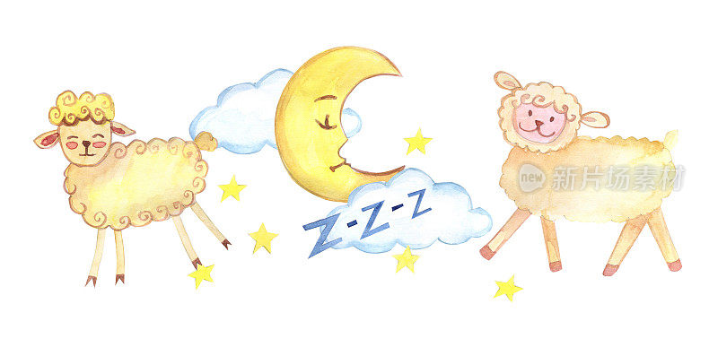国际睡眠日。睡觉的人的水彩画插图。人睡觉。的梦想。睡觉前数羊。月球。晚上的时间。床上。孩子睡在茧里。
