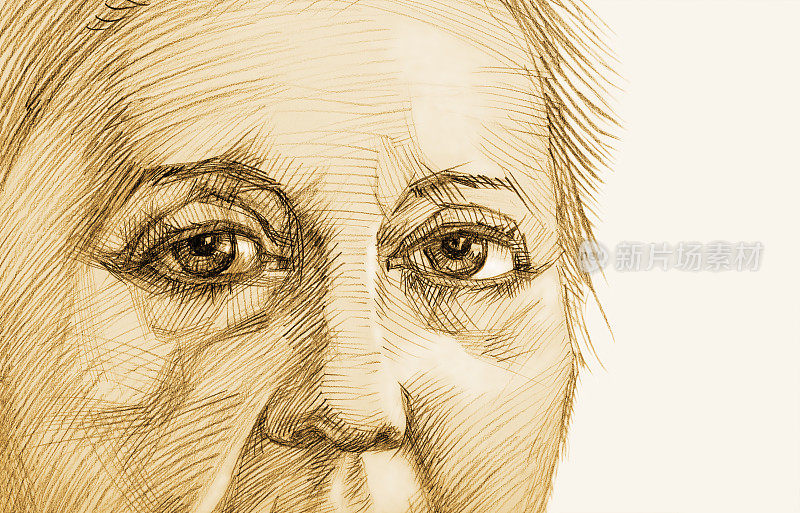 时尚的复古插图寓言老年艺术作品我的深褐色铅笔画在纸上印象派原始水平的象征性孤立的肖像脸悲伤的样子老女人在白纸的背景