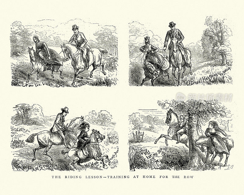 维多利亚时代骑马课上的素描，一个正在学习骑马的女人