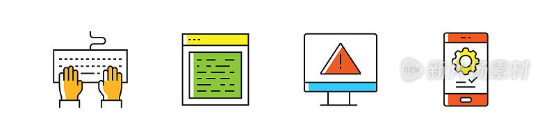 编程相关的矢量线图标。大纲符号集合。