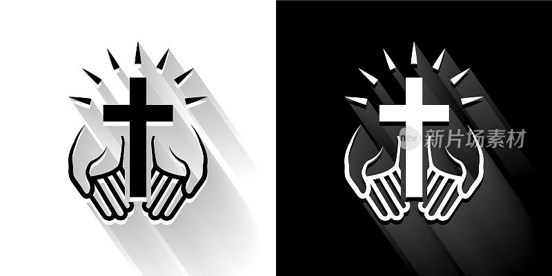 基督教十字黑和白色与长影子的图标