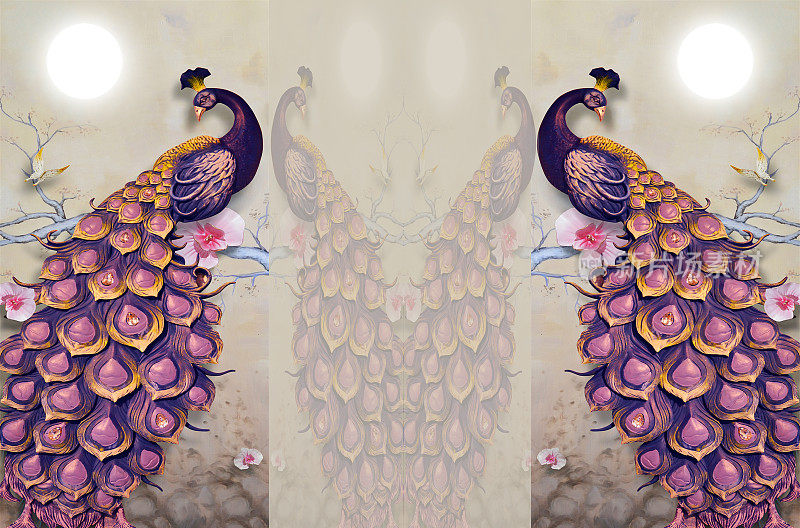 3d框架3件拼贴板与美丽的背景与彩色绘制的孔雀、花朵和蝴蝶的室内装饰