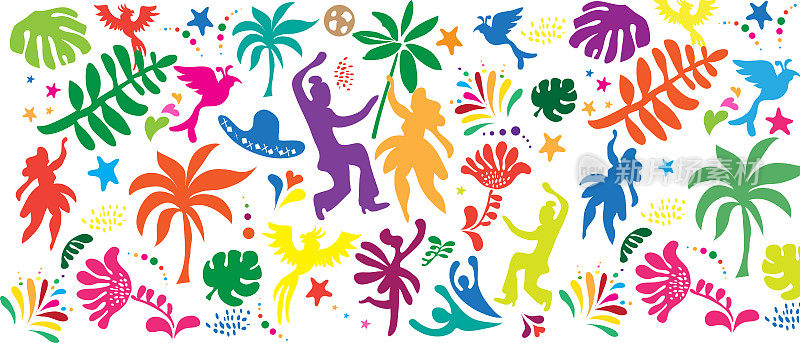 2020摘要里约热内卢巴西狂欢节音乐舞蹈节之夜派对无缝模式桑巴舞者游行，新奥尔良，狂欢节，诺丁山，威尼斯服装异国情调的热带棕榈叶矢量涂鸦