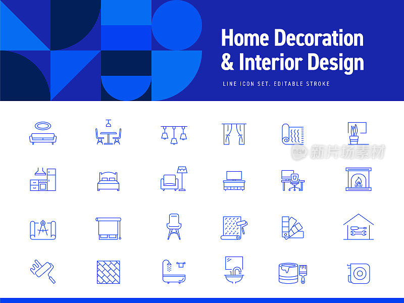 室内设计和家居装饰相关的线条图标。可编辑的中风。简单的轮廓图标。