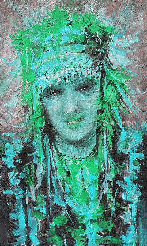 时尚的插图,寓言,创意,现代艺术作品,印象派油画,垂直的象征性肖像,一个年轻女子在复古风格,民族服装,蓝色的颜色,对抗傍晚的天空