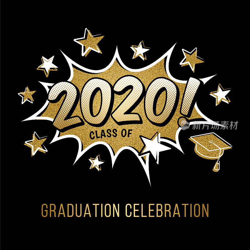 2020年毕业班的概念。数字与毕业帽波普艺术风格。