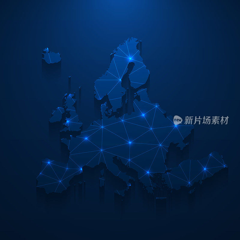 欧洲地图网络-明亮的网格在深蓝色的背景