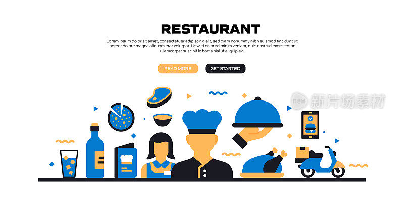 餐厅，食物和饮料相关的平面风格网页横幅矢量插图