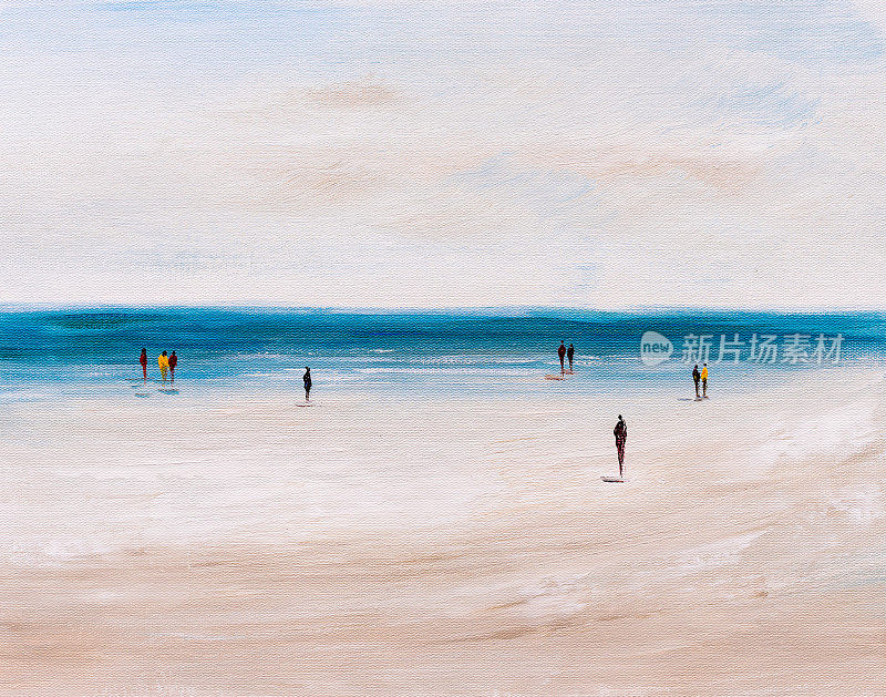 油画-人们在海滩上放松的抽象视图