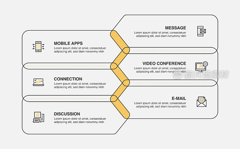 信息图表设计模板。移动应用程序，消息，视频会议，电子邮件，讨论，连接图标8个选项或步骤。