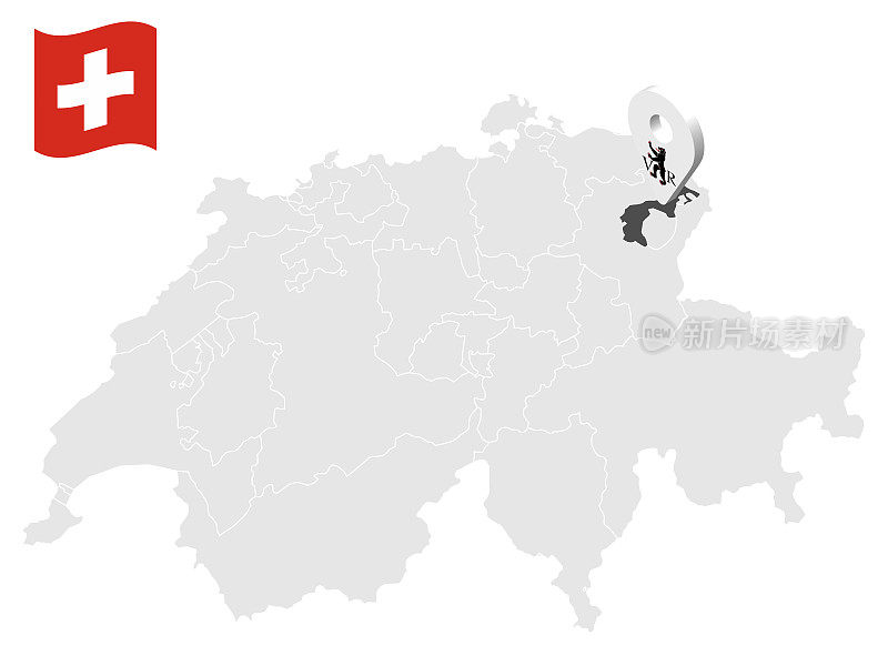 位置广东阿彭策尔Ausserrhoden在地图瑞士。3d位置标志类似于旗帜阿彭策尔Ausserrhoden。质量地图与瑞士省为您的设计。EPS10。