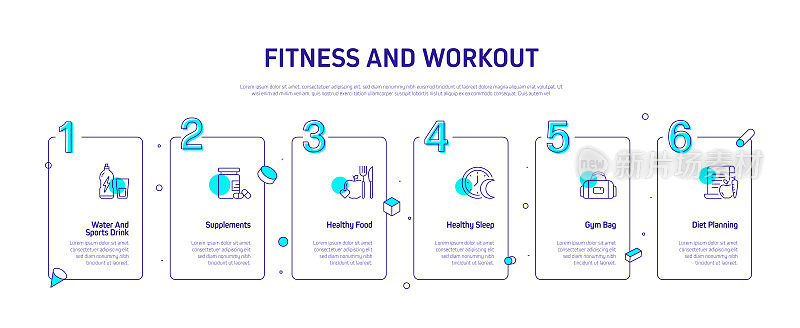 健身和锻炼相关的过程信息图表模板。过程时间图。使用线性图标的工作流布局