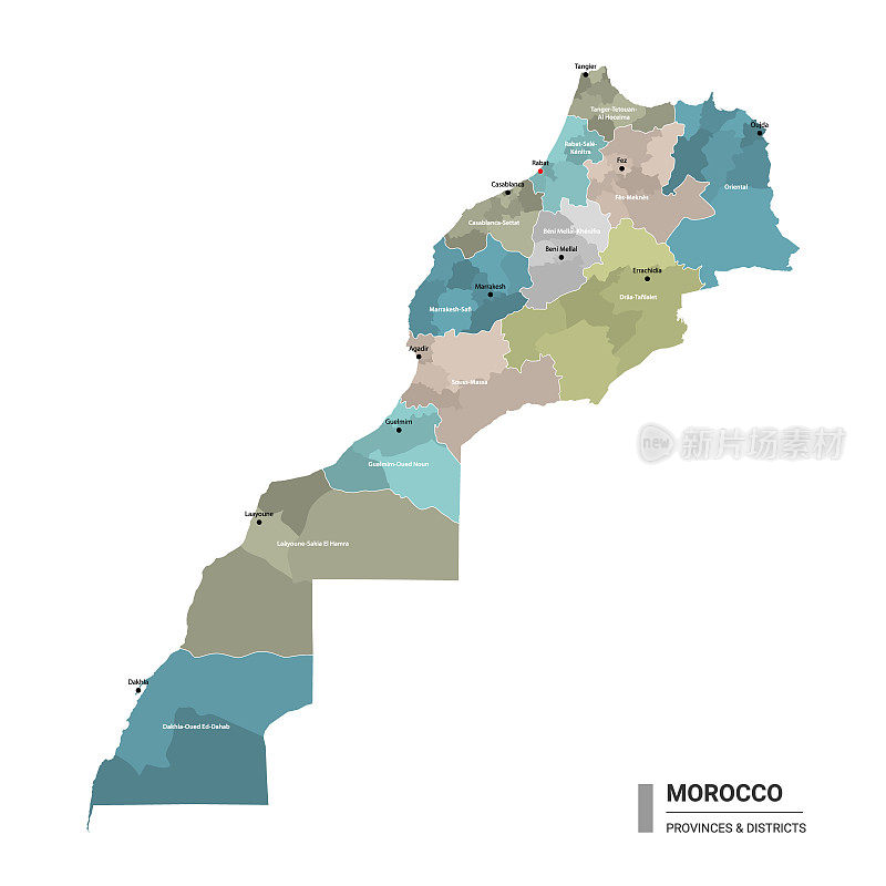 摩洛哥高详细地图与细分。