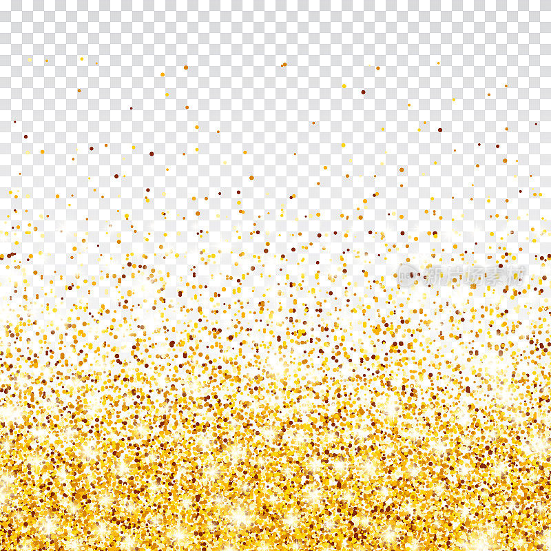 闪闪发光的金色在透明的矢量背景。闪亮的五彩纸屑与黄金碎片。圣诞或新年贺卡的灯光效果