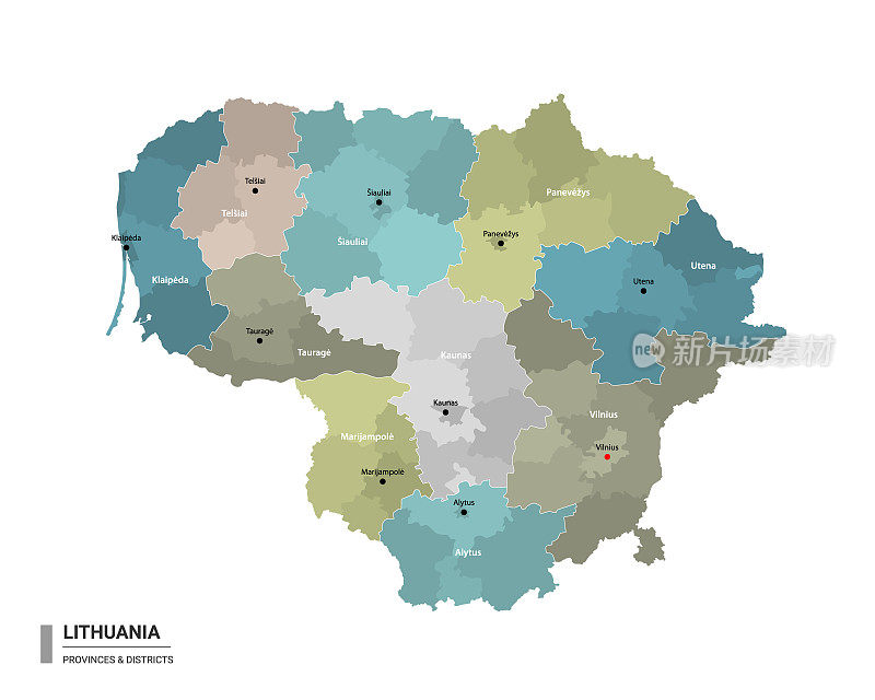 立陶宛高详细地图与细分。立陶宛的行政地图与地区和城市的名称，颜色由州和行政区域。矢量插图。