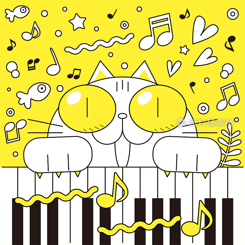 微笑的大眼睛猫弹钢琴和唱歌，与幻想的音乐音符背景