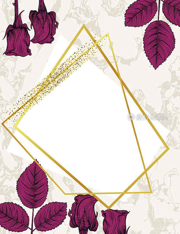 玫瑰和黄金装饰几何框架邀请模板
