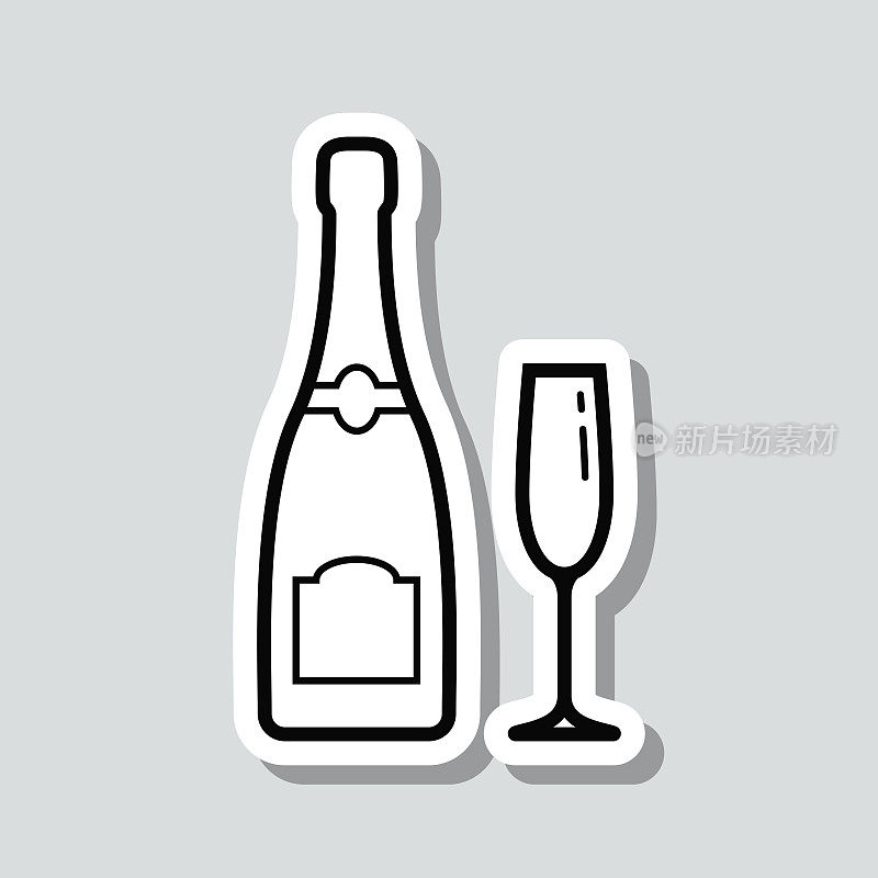 香槟酒瓶和玻璃杯。灰色背景上的图标贴纸