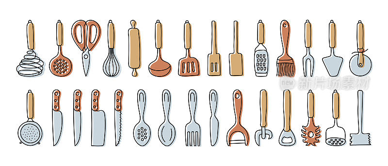 厨具素描集。画线矢量厨具、刀具刀具。搅拌器，开缝勺，剪刀，擀面杖，勺子和抹刀。筛，刀，匙，叉，削皮器和开瓶器。