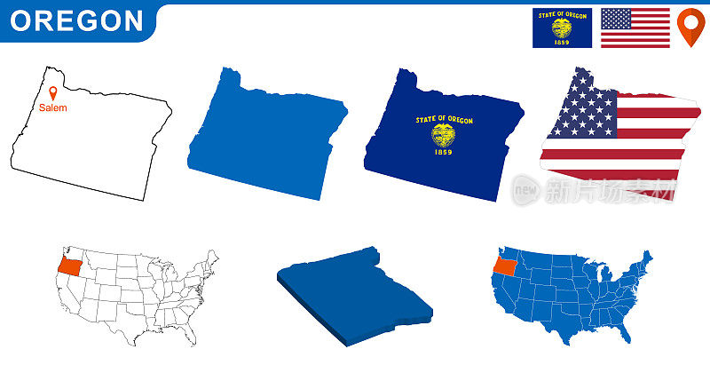 美国俄勒冈州的地图和旗帜。