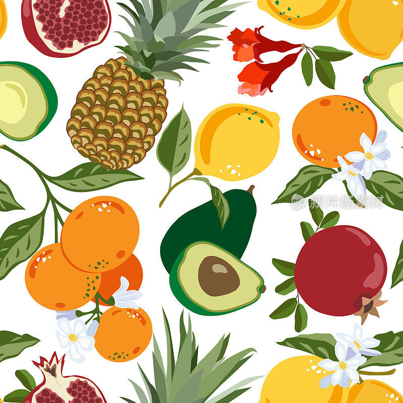 柑橘菠萝石榴牛油果柠檬花图案，矢量无缝水果背景，柑橘类水果，花，叶，枝纹理。