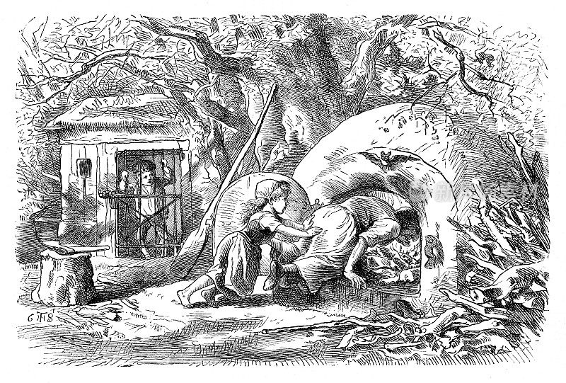 童话格莱托把女巫扔进烤箱画于1869年