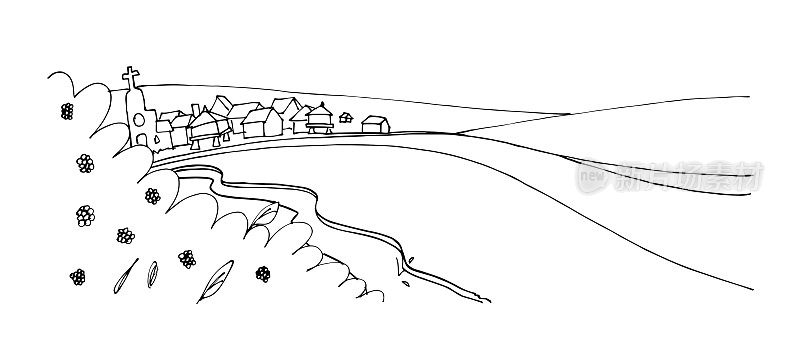 通往一个小镇的路，村庄在一个山谷和一条河，房子和教堂在远处。基本的黑线手绘墨水笔画风格矢量插图。