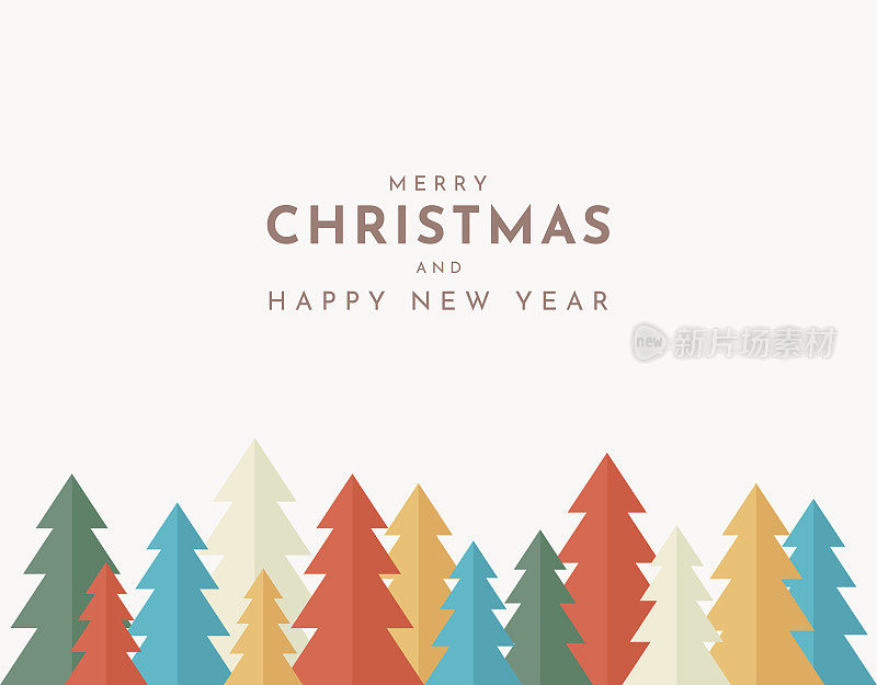 圣诞快乐和新年快乐卡片，背景与五颜六色的树。向量