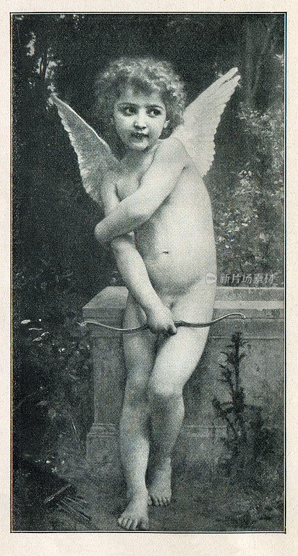 1898年新艺术运动中一个赤裸的小天使，用弓和箭象征爱情