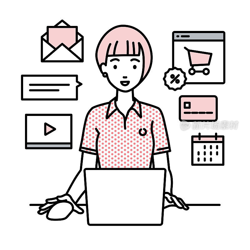 一位女士穿着polo衫，在她的办公桌前使用笔记本电脑浏览网站、数字营销、支付、管理在线商店和支持客户