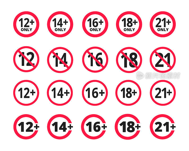 成人内容只有年龄限制12,14,16,18,21岁以上的图标标志设置平面风格设计矢量插图。
