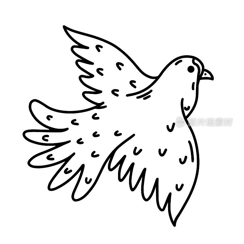 飞行鸽子矢量图标。手绘插图孤立在白色背景上。和平鸟，动物素描。象征着希望、爱情、友谊。宗教的迹象。黑白轮廓,涂鸦