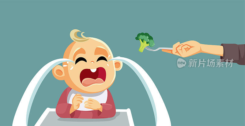 婴儿拒绝吃西兰花矢量漫画插图