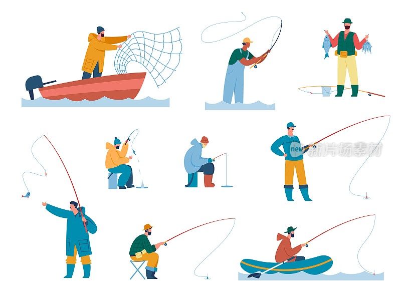 人们在湖上用竿钓鱼，渔夫用网捕鱼。渔民角色，渔民冰钓，夏季休闲活动向量集
