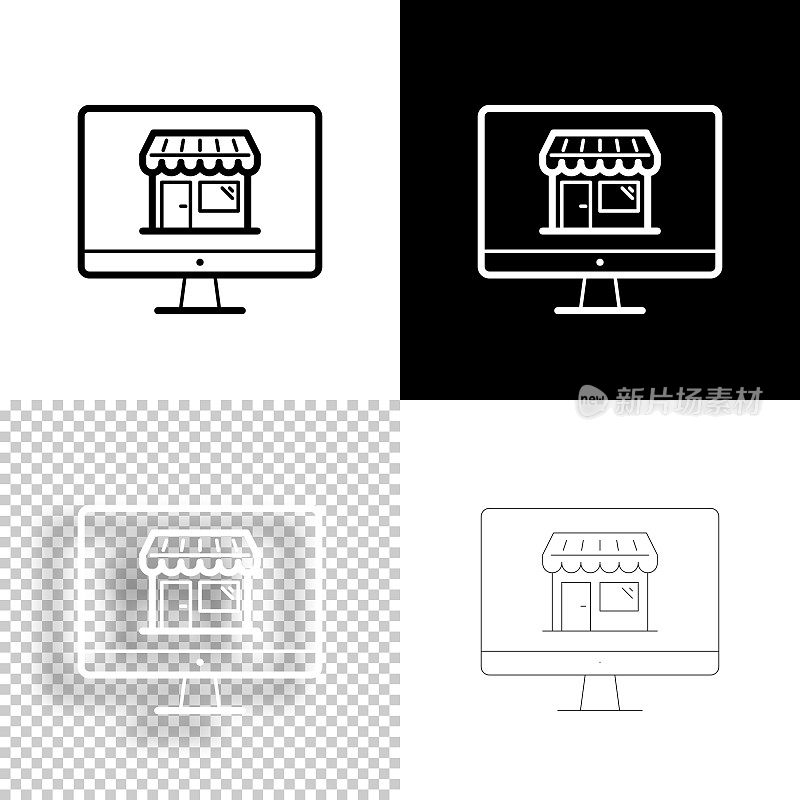 用台式电脑在线购物。图标设计。空白，白色和黑色背景-线图标