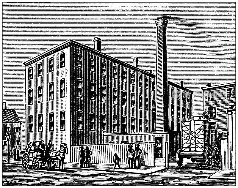 古董插图美国，马萨诸塞州的地标和公司:波士顿，石棉包装公司。