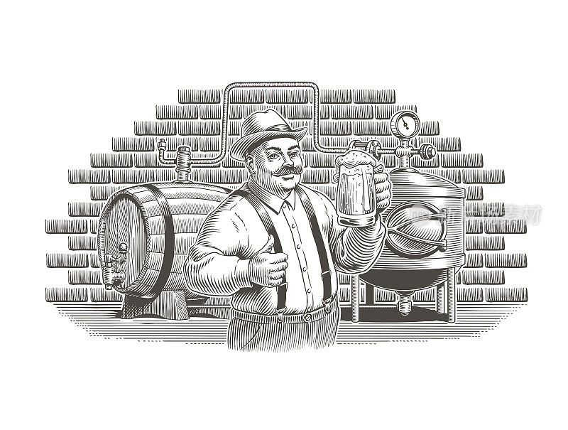 啤酒或啤酒制造古董雕刻风格矢量插图。手工酿酒厂和男性酿酒厂。背景是拿着啤酒杯、酿酒壶和酒桶的男人。