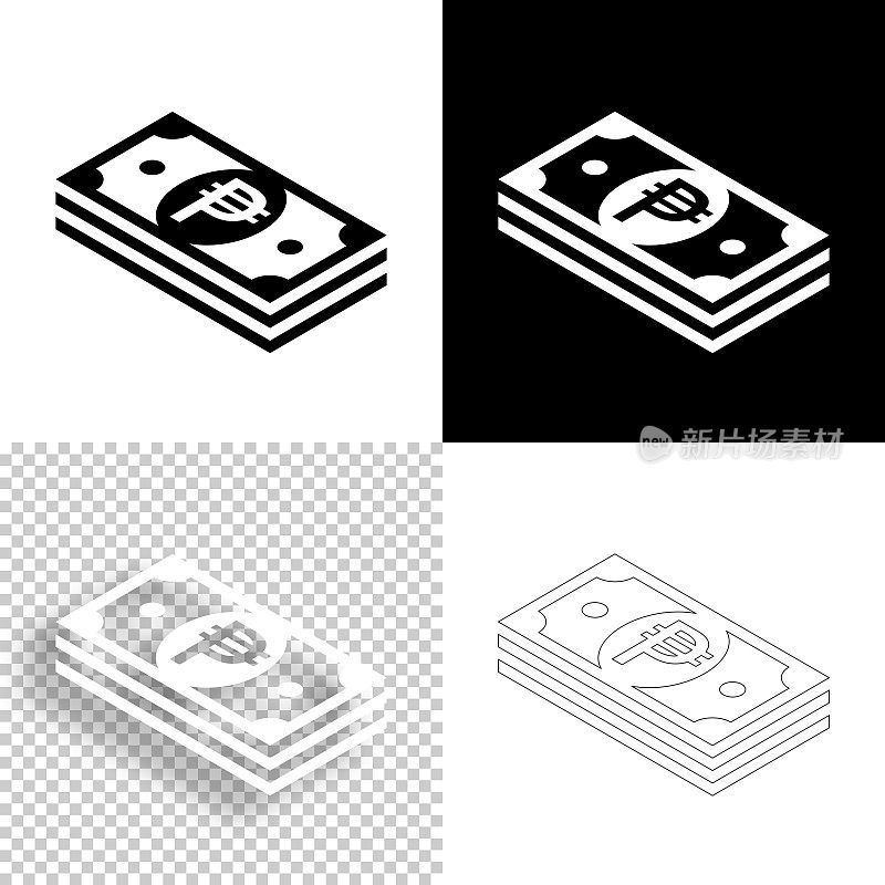 等距比索钞票。图标设计。空白，白色和黑色背景-线图标