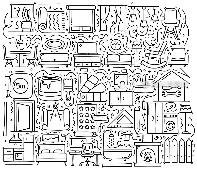 家庭装饰和室内设计相关的对象和元素。手绘矢量涂鸦插图集合。手绘图案设计