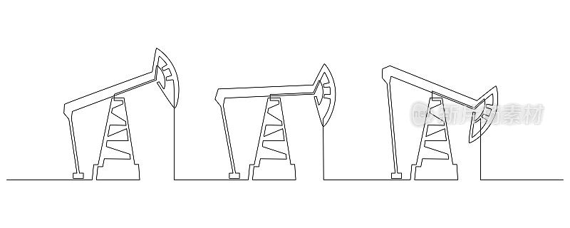 油泵千斤顶连续线图一张。钻机以简单的线性风格代表石油生产和贸易行业。不可再生能源的概念。可编辑的中风。矢量图