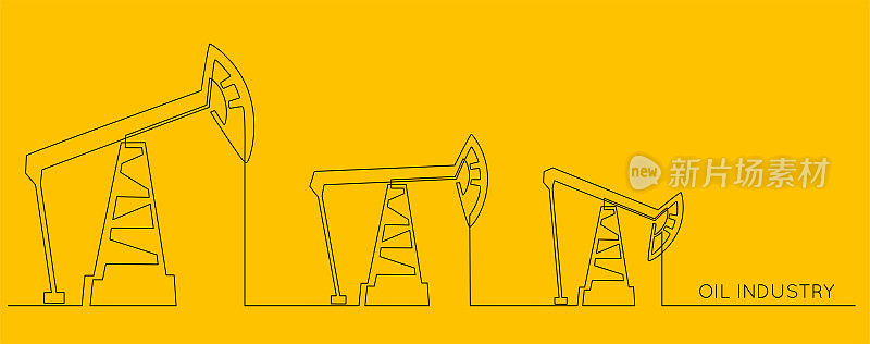 油泵千斤顶一条连续线画。泵站和井架石油生产和贸易工业用简单的线性风格在黄色背景上。可编辑的中风。矢量图