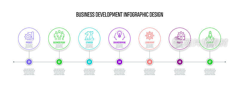 业务发展概念矢量线信息图形设计与图标。7选项或步骤的介绍，横幅，工作流程布局，流程图等。