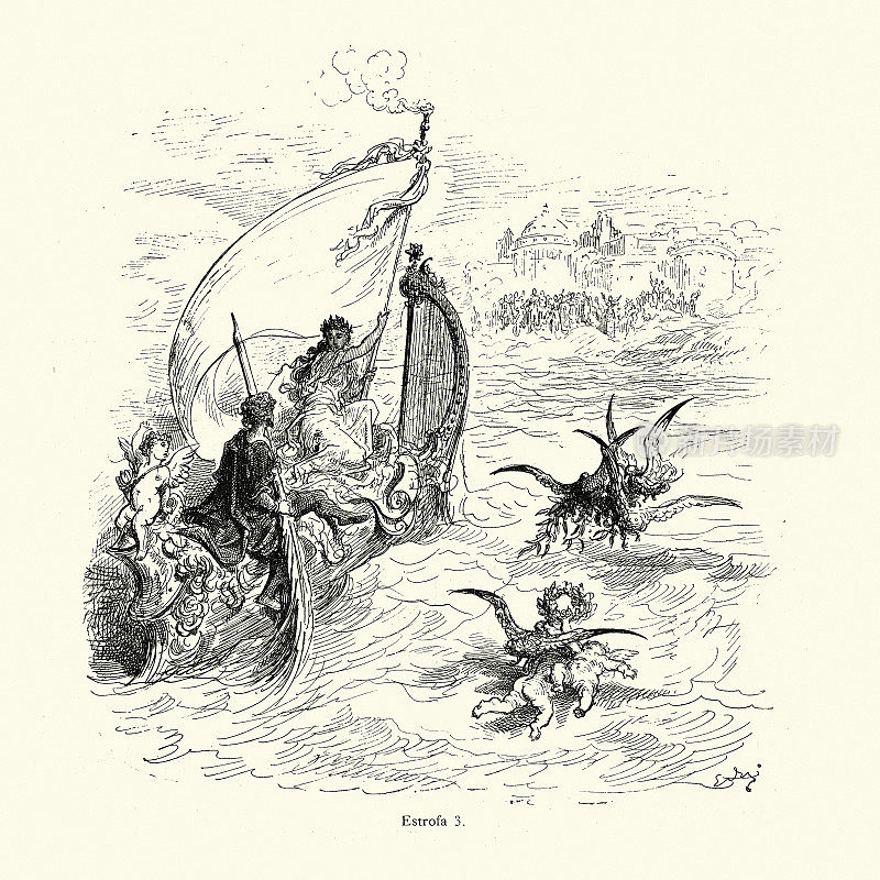 男女主人公在竖琴形状的船上航行，中世纪骑士小说