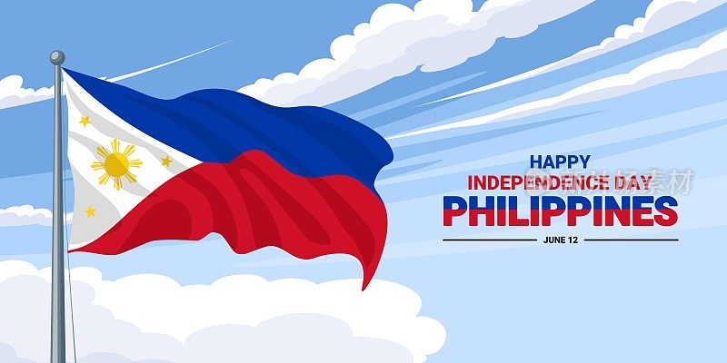 菲律宾独立日旗帜设计，菲律宾国旗在晴朗的天空和白云的背景下飘扬，矢量插图。
