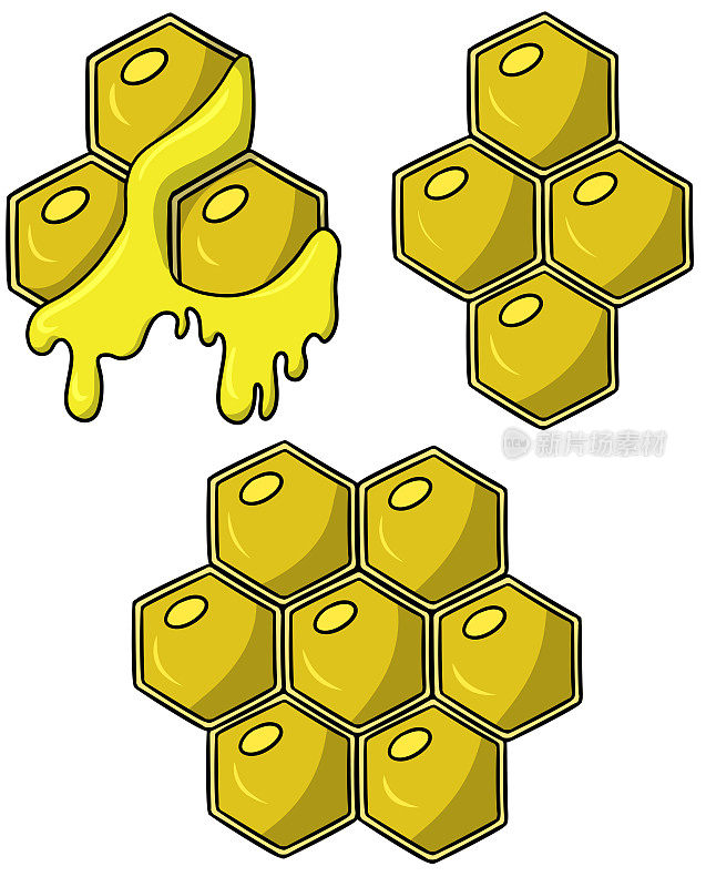 一组带有蜂巢的卡通图片，蜂蜜从蜂巢中流出