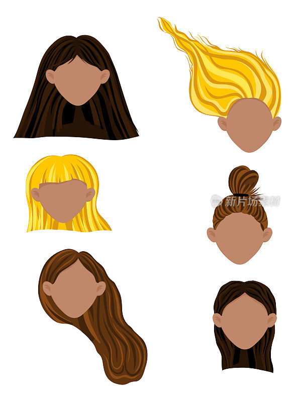 构造与深色皮肤的女性头部不同的发型。卡通风格。矢量插图。
