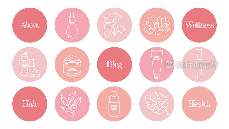 一组亮点自然色调简单的粉红色图标为一个关于化妆品，药物和心理健康的博客。