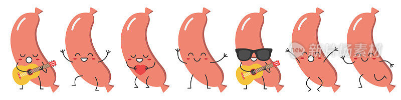 集香肠卡通人物可爱欢快的问候跳跃爱唱歌跑步笑脸快乐快乐的情绪图标快餐向量插图。