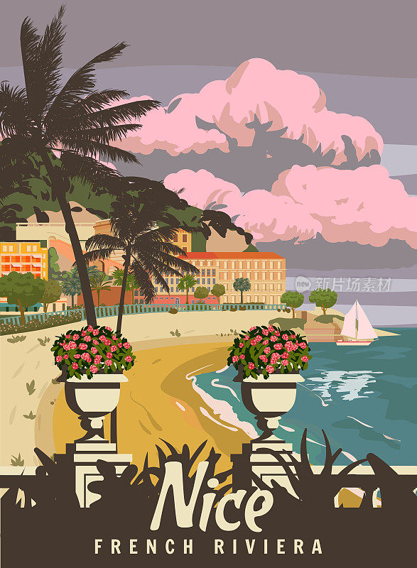 不错的法国里维埃拉海岸海报佳酿。棕榈，度假村，海岸，大海，海滩。复古风格插图矢量