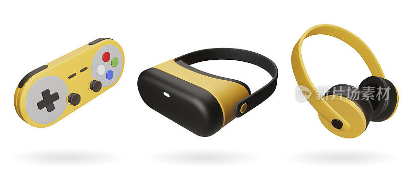 逼真的小工具，手柄，VR眼镜和耳机漂浮在白色背景。